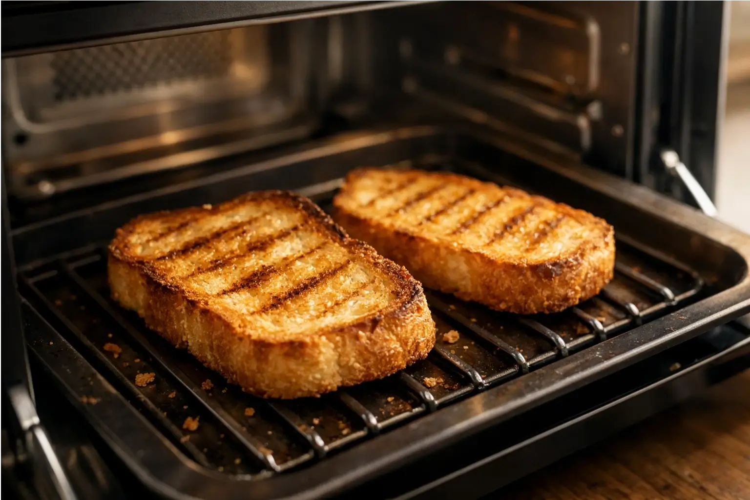 Golden toast slices on a grill tray inside a Panasonic steam oven