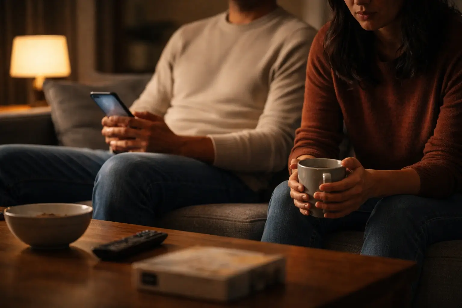 One partner scrolls on a phone while the other looks sad.