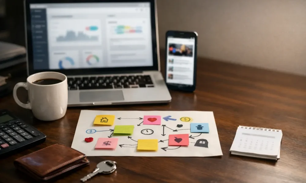 Desk with a laptop and phone showing a blurred 2026 dashboard