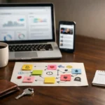 Desk with a laptop and phone showing a blurred 2026 dashboard