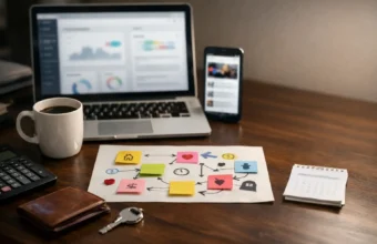 Desk with a laptop and phone showing a blurred 2026 dashboard