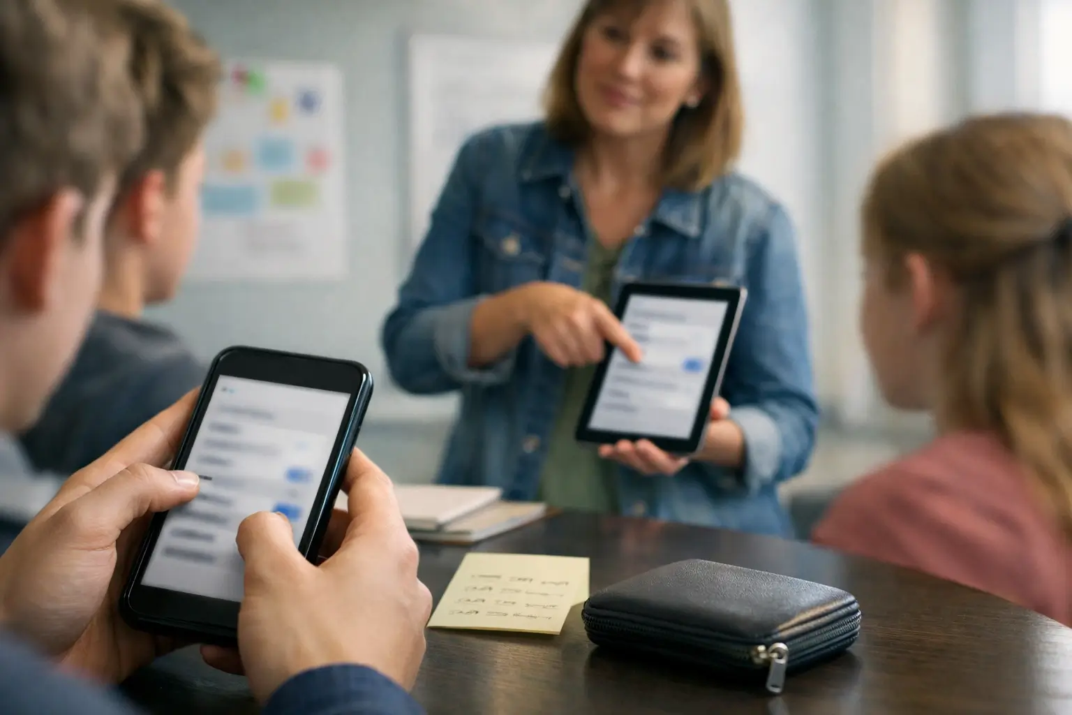 A teacher helps students learn privacy settings on a device.