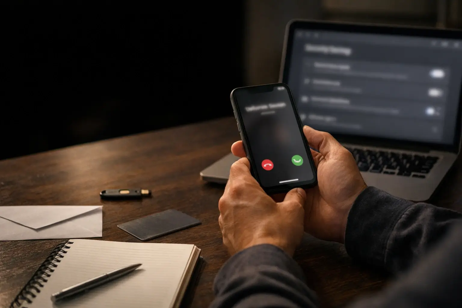 Person holding a phone call with security key on the table.