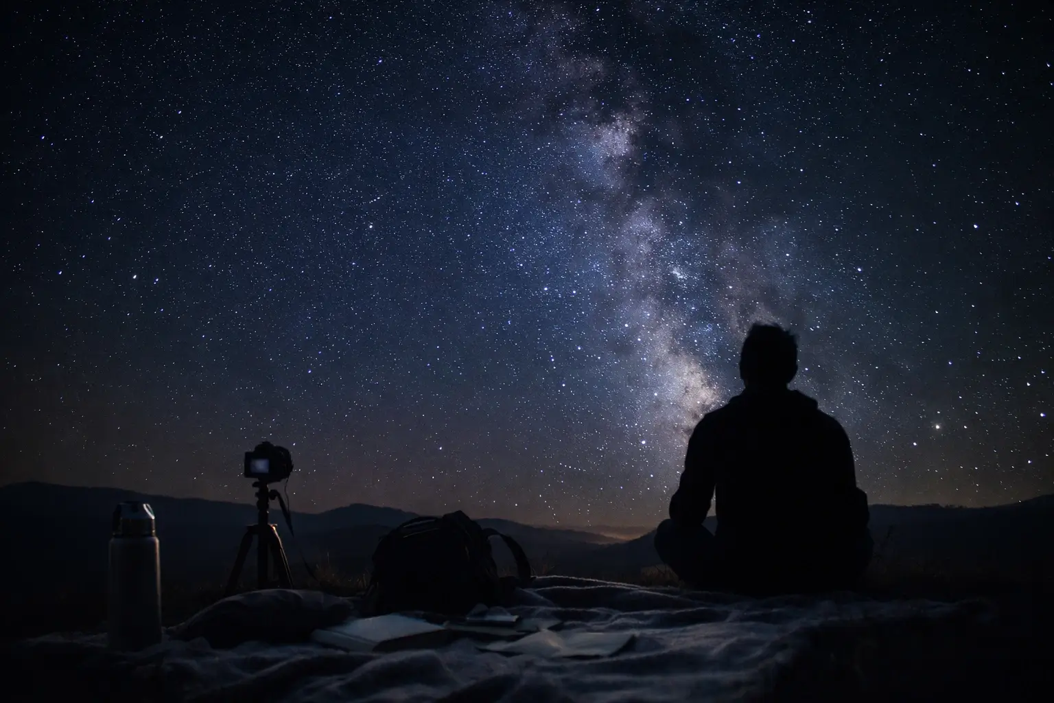 Person stargazing under a dark sky during a quiet trip.