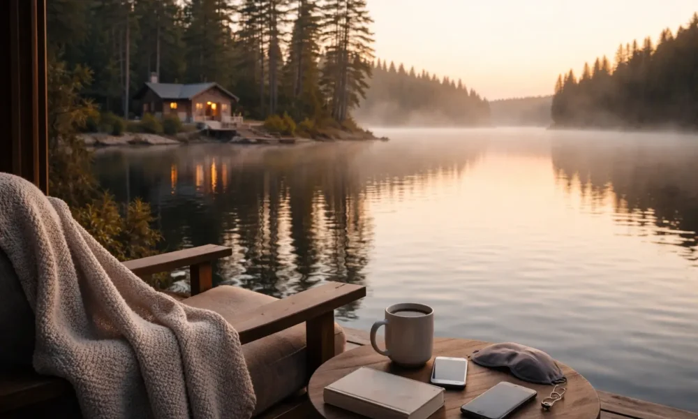 Quiet cabin by a forest lake at sunrise with a book and mug.