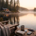 Quiet cabin by a forest lake at sunrise with a book and mug.