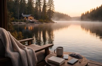 Quiet cabin by a forest lake at sunrise with a book and mug.