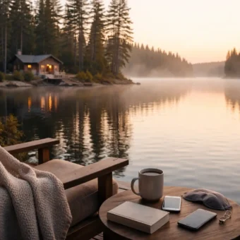 Quiet cabin by a forest lake at sunrise with a book and mug.