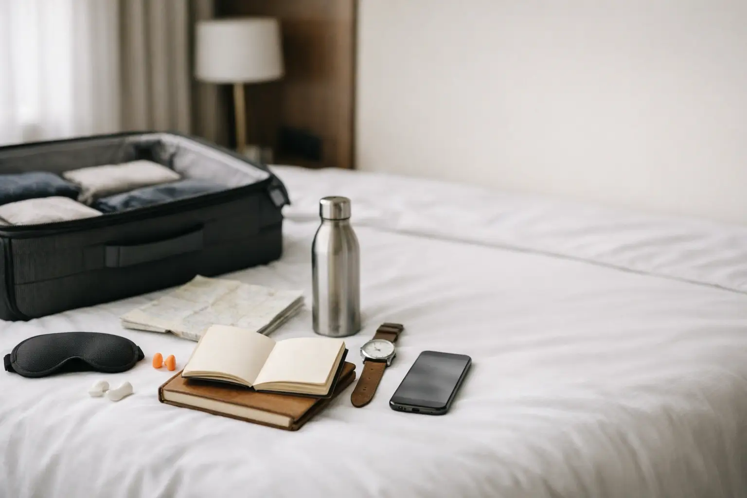 Open suitcase with earplugs, eye mask, book, and a map for a quiet trip.