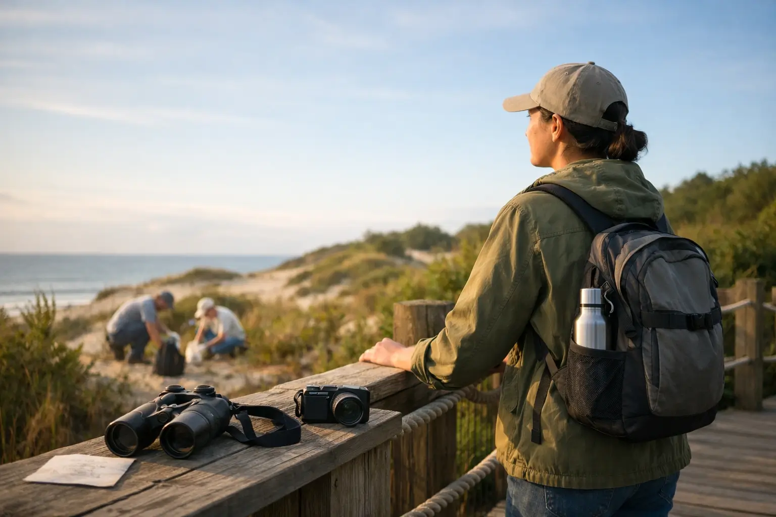 Traveler on a boardwalk near a protected nature area.