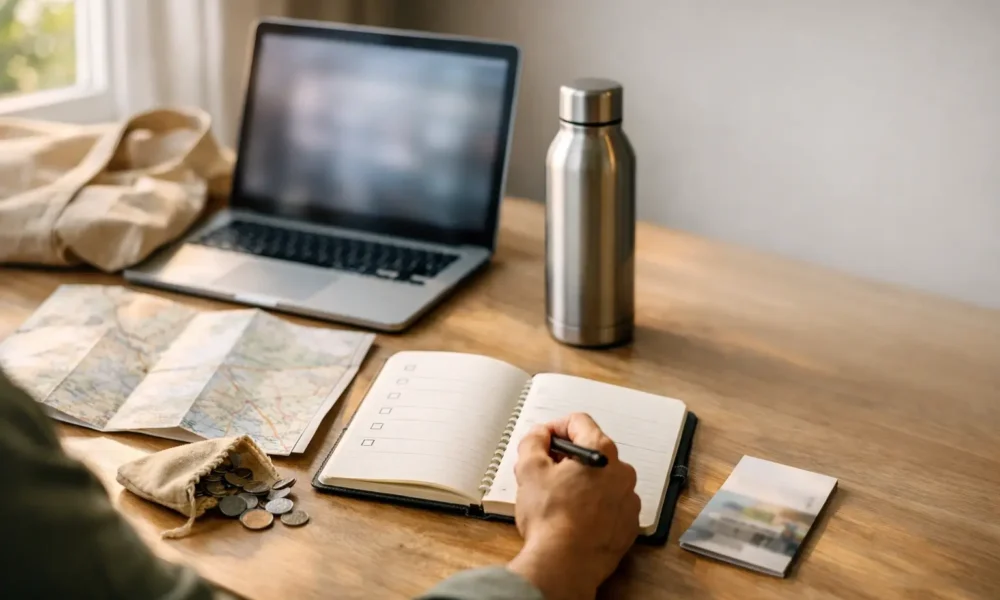 Traveler planning a regenerative trip with a laptop and map.