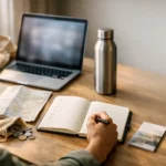 Traveler planning a regenerative trip with a laptop and map.