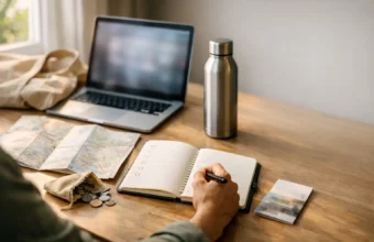 Traveler planning a regenerative trip with a laptop and map.