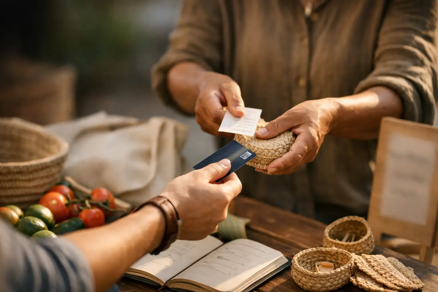 Traveler buying local goods with a guide at a small market.