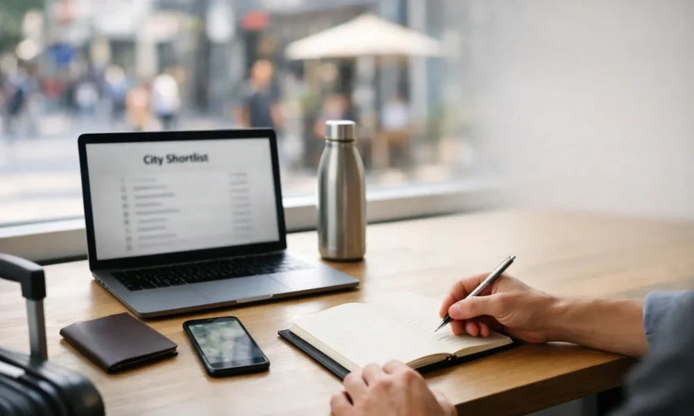Remote worker plans a 2026 digital nomad city at a café table.