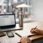 Remote worker plans a 2026 digital nomad city at a café table.
