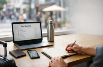 Remote worker plans a 2026 digital nomad city at a café table.
