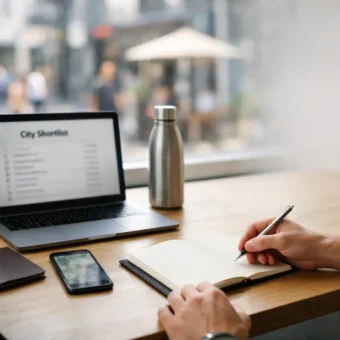 Remote worker plans a 2026 digital nomad city at a café table.