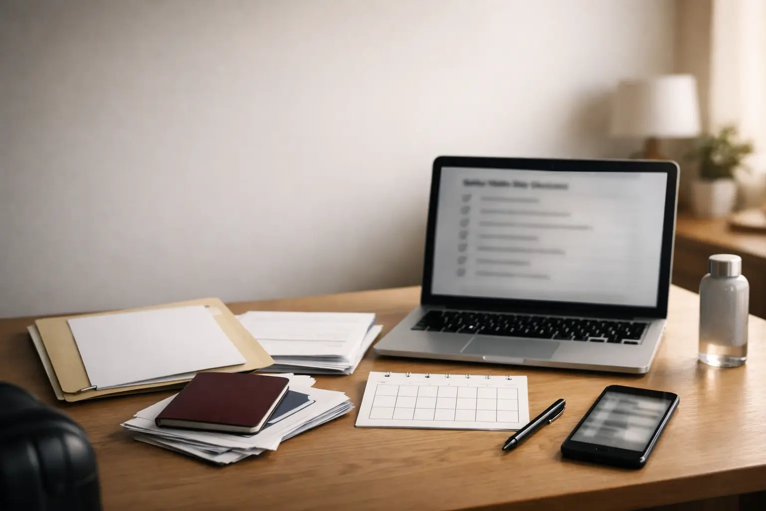 Desk scene with passport and laptop showing a blurred visa checklist.