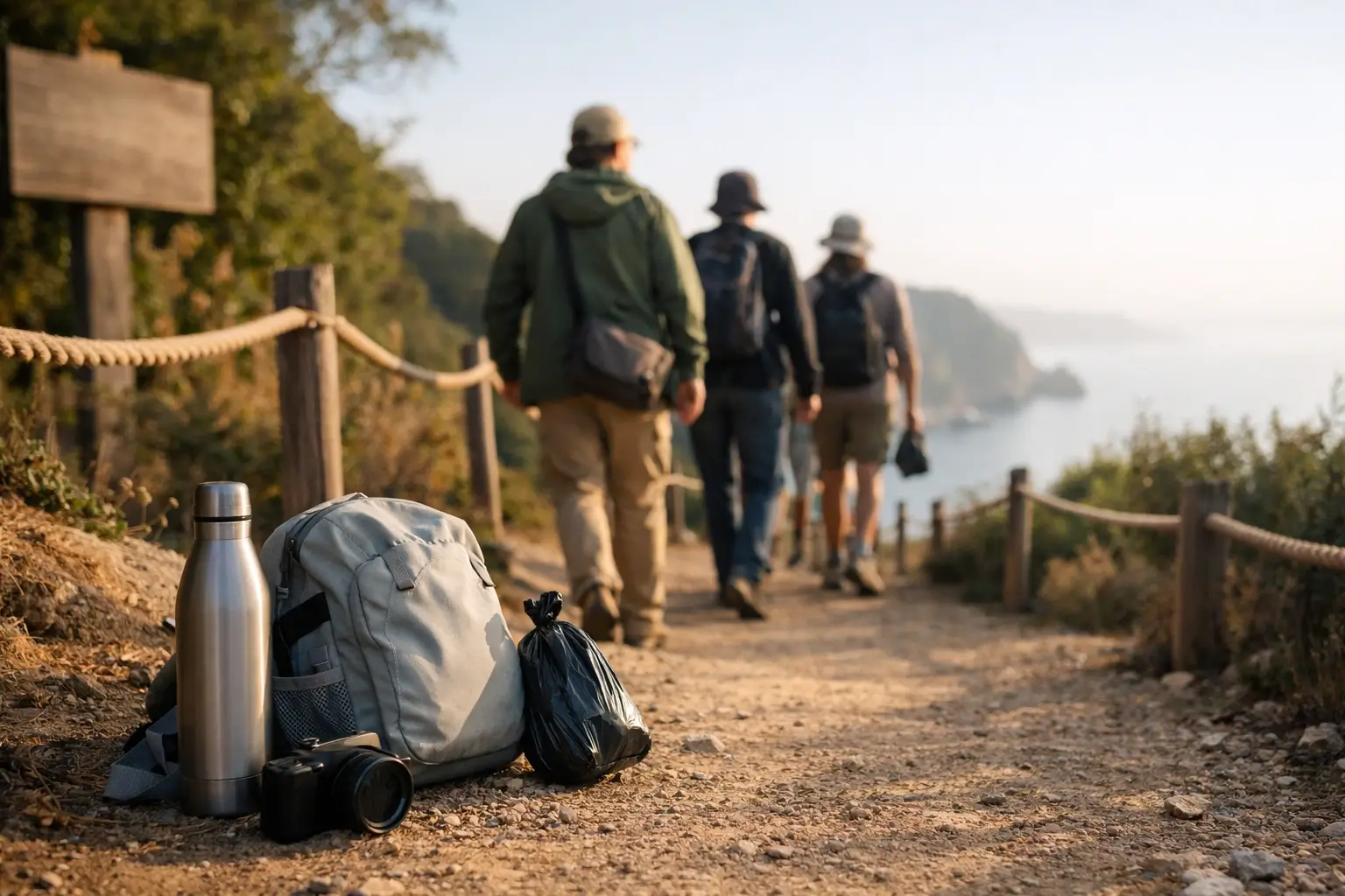 Travelers stay on a path and carry out trash on a quiet trail.