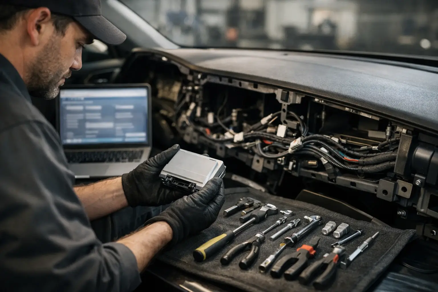 Technician inspects car wiring and an electronic control module.