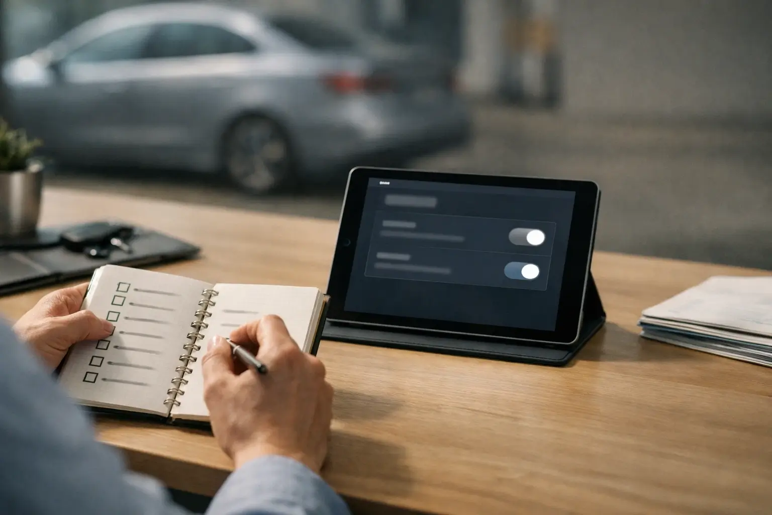 Buyer checks car privacy and connected settings before purchase.