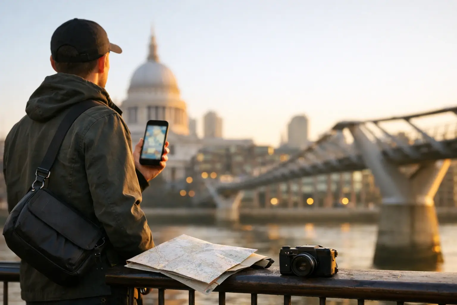A person looks at a cathedral and bridge while using a blurred map app.