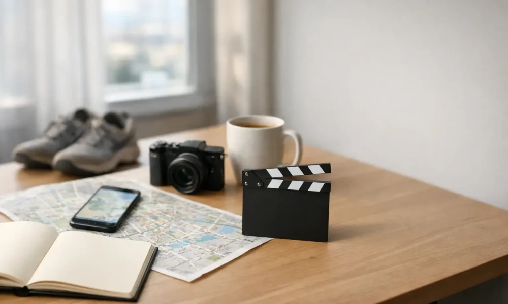 A traveler plans a set-jetting trip with a map, phone, and notes.