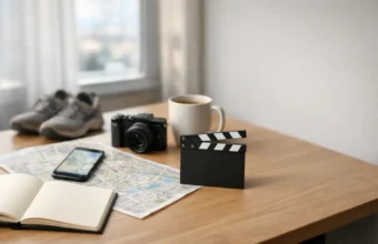 A traveler plans a set-jetting trip with a map, phone, and notes.