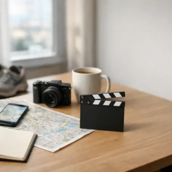 A traveler plans a set-jetting trip with a map, phone, and notes.