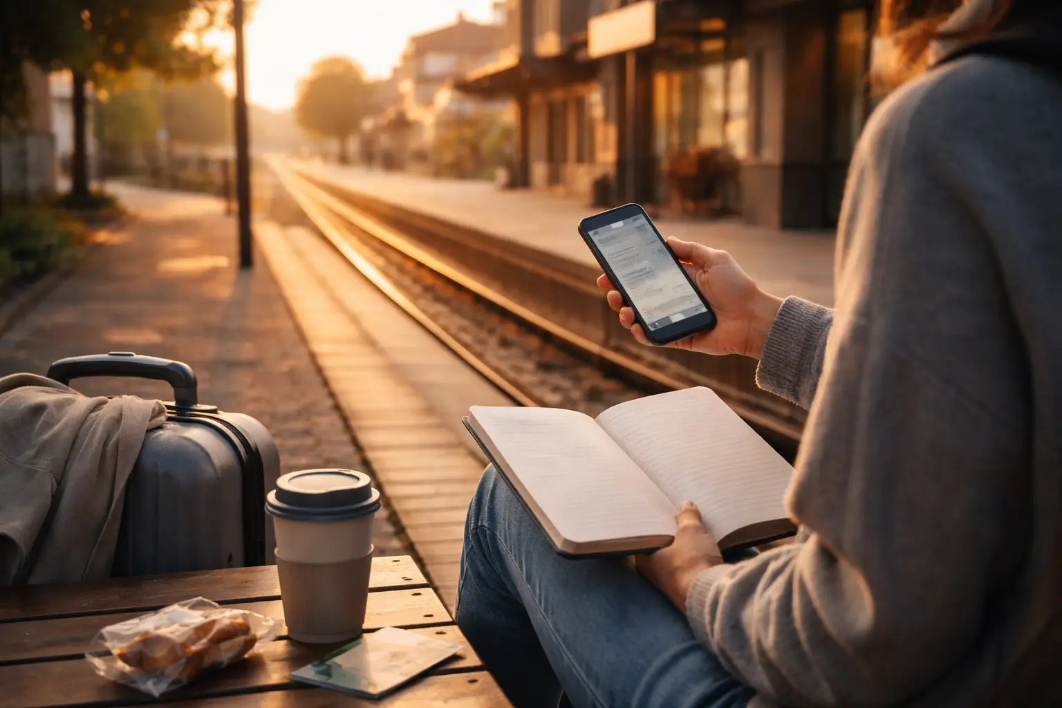 Traveler waits at a quiet train station early in the morning.