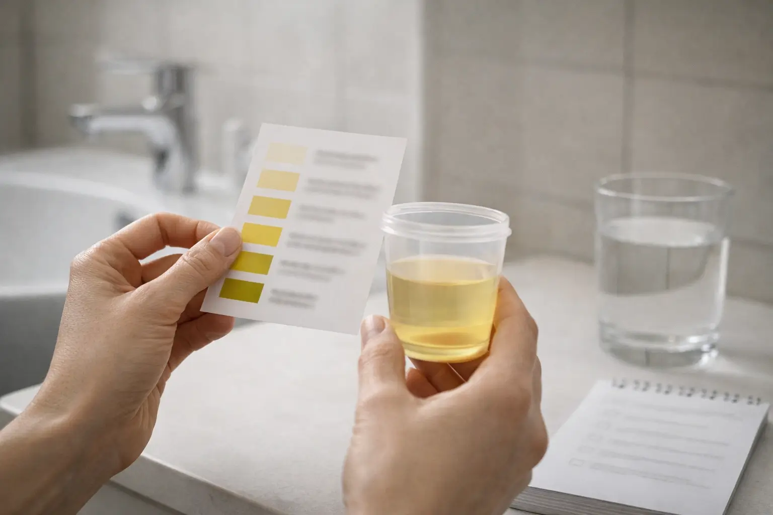 Hands doing a quick hydration check with a urine color guide