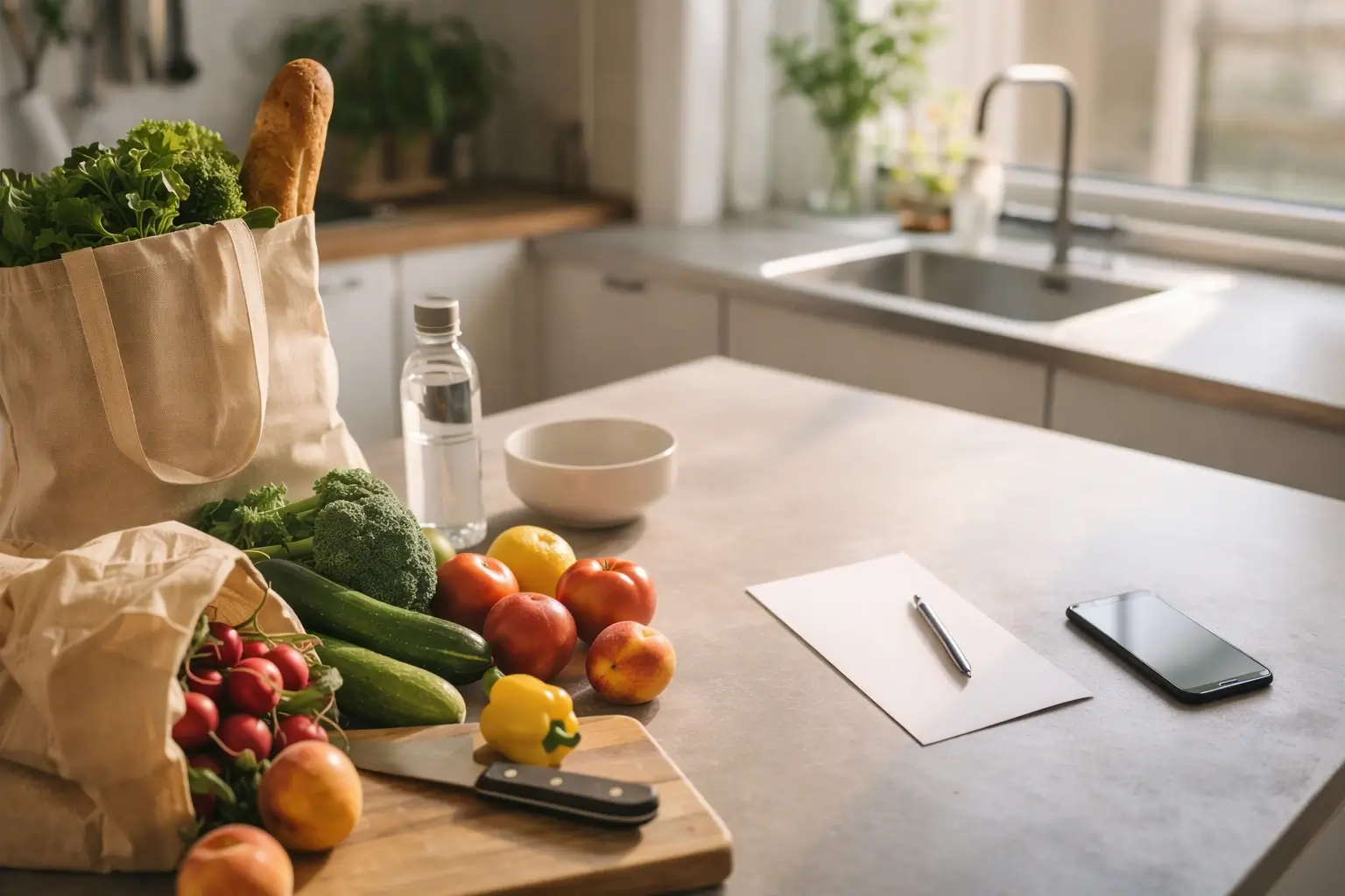 Fresh groceries on a kitchen counter for simple meals during a longer stay.