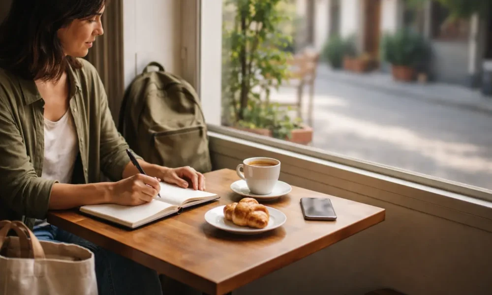 A traveler plans a slow trip in a quiet café with a notebook and coffee.