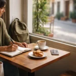 A traveler plans a slow trip in a quiet café with a notebook and coffee.