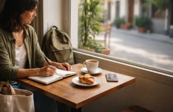 A traveler plans a slow trip in a quiet café with a notebook and coffee.