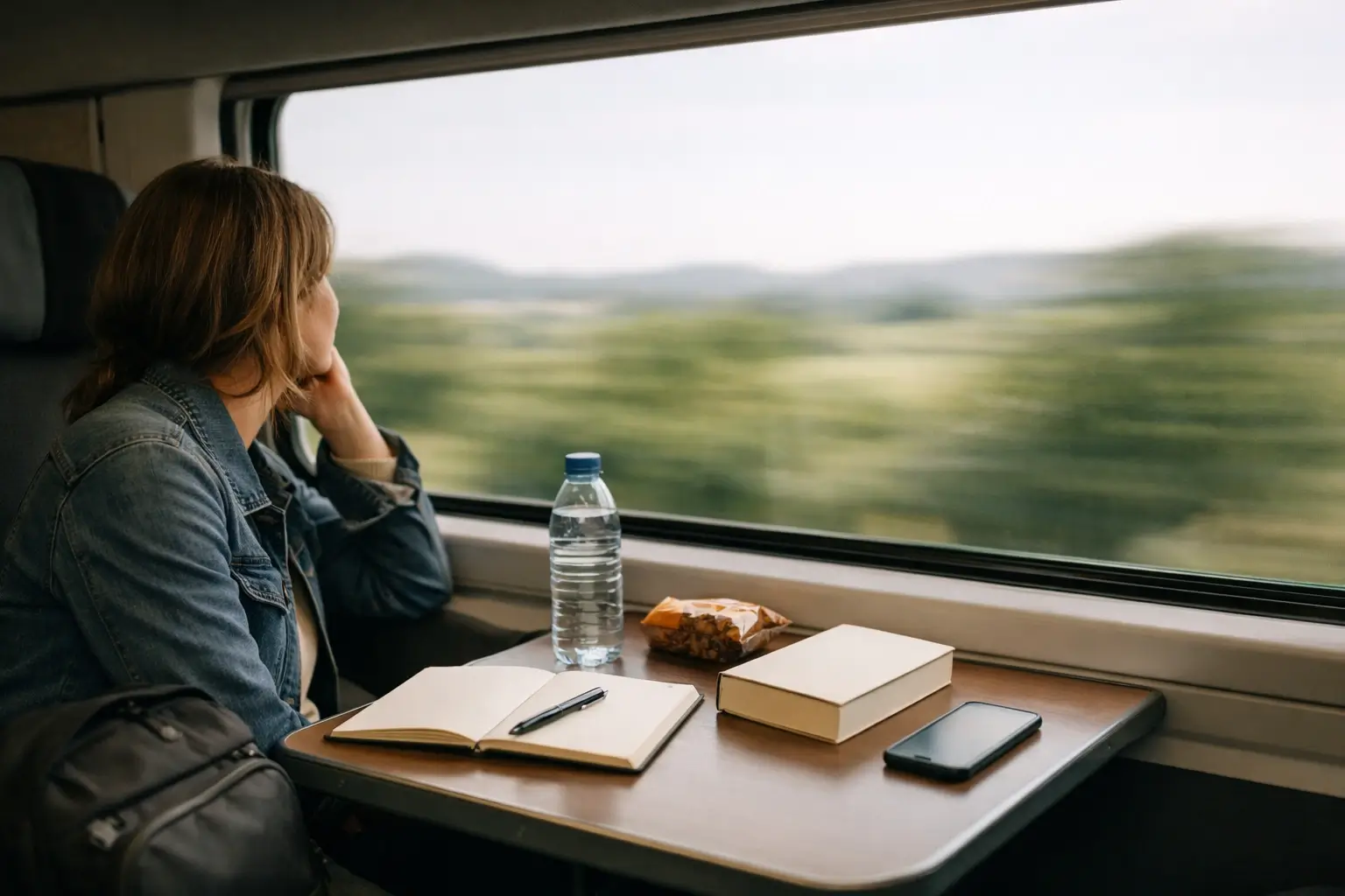A traveler sits on a train and looks out the window during a slow trip.