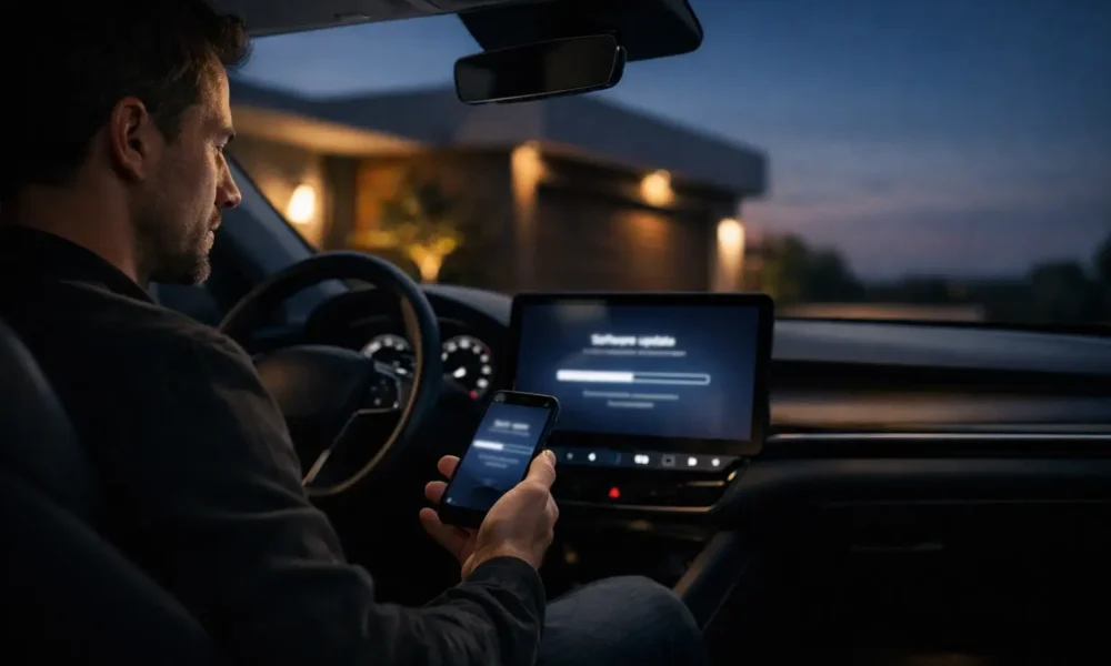 Driver checks a car software update on the dashboard screen.