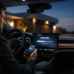 Driver checks a car software update on the dashboard screen.