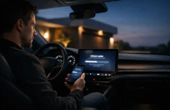 Driver checks a car software update on the dashboard screen.