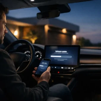 Driver checks a car software update on the dashboard screen.