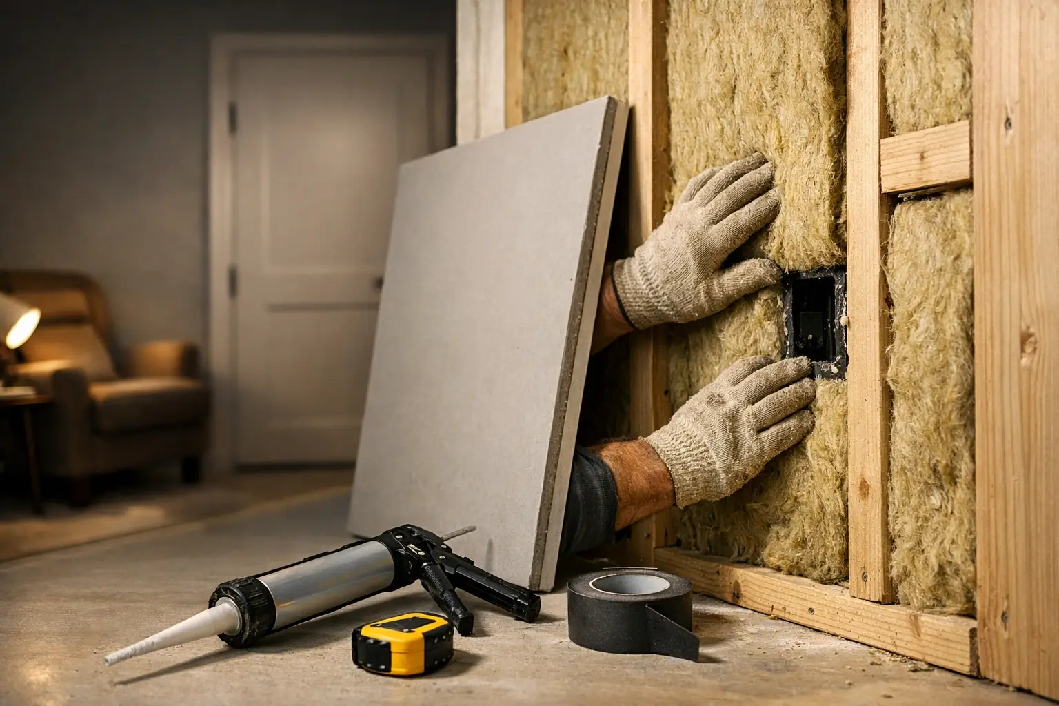 Builder adding insulation in a wall to reduce noise between rooms