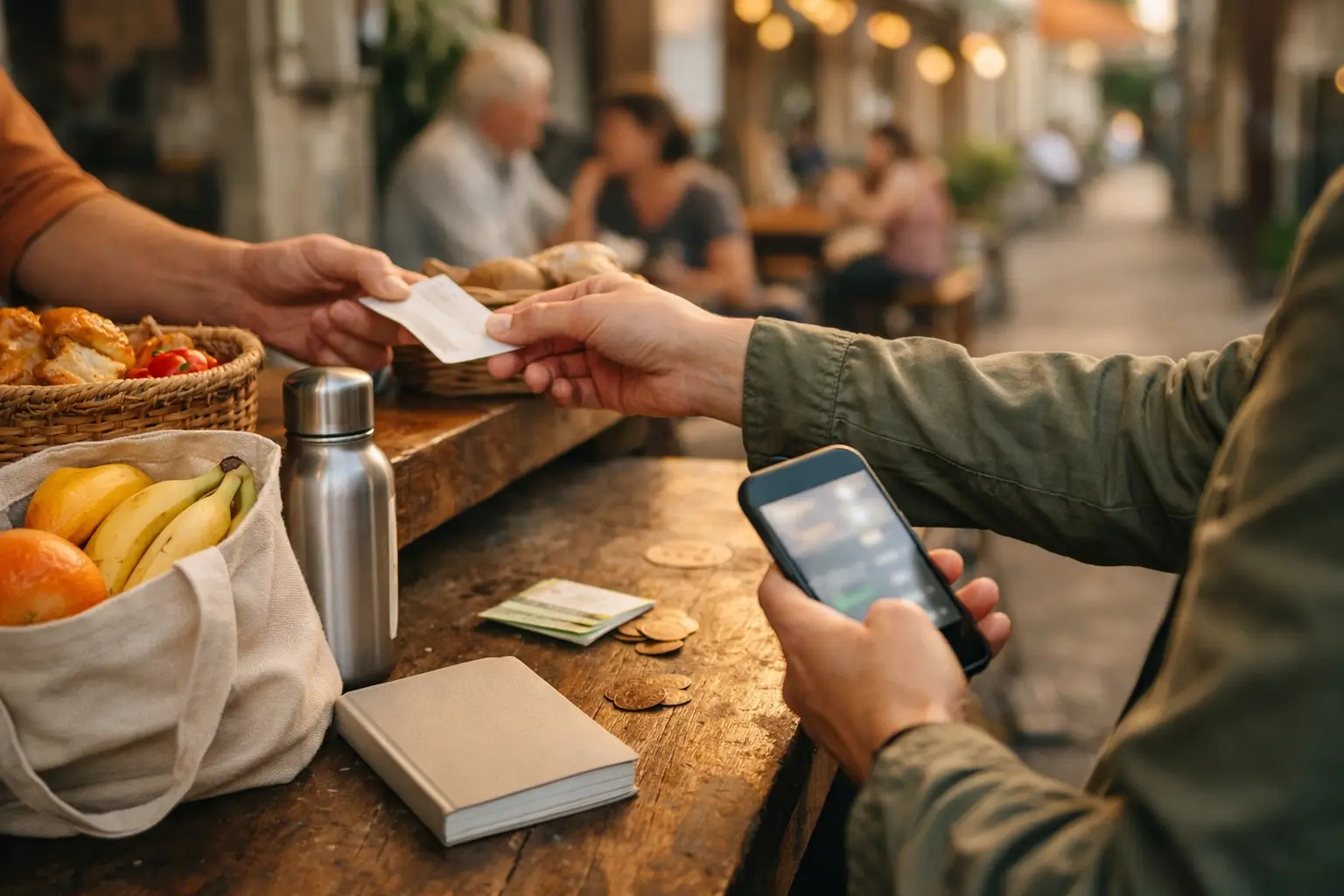 Traveler buys from a small local stall with a reusable bag and bottle.