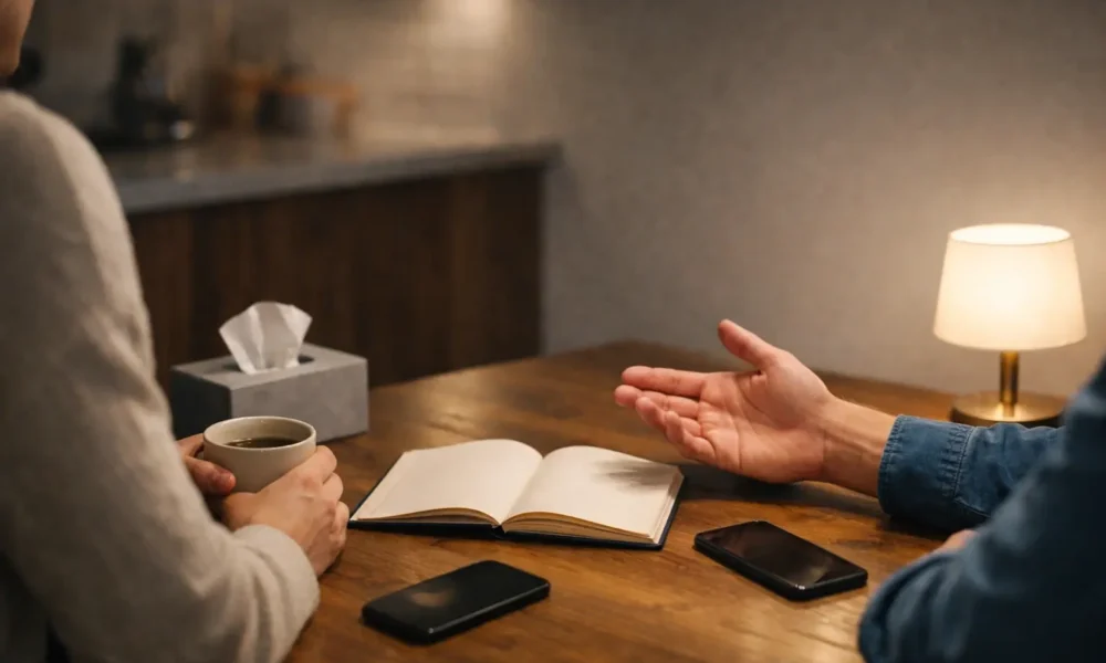 A couple talks calmly at a kitchen table at night.