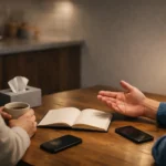 A couple talks calmly at a kitchen table at night.