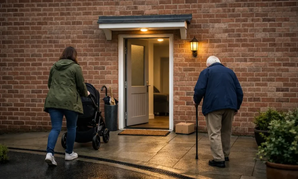 Step-free home entrance with a smooth path and porch light