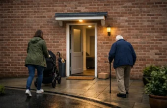 Step-free home entrance with a smooth path and porch light