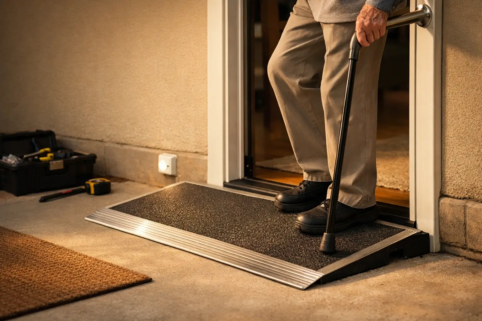 Older adult using a small ramp at the front door