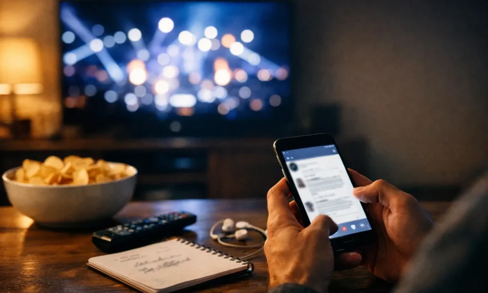 Person holding a phone while a halftime show plays on a blurry TV in the background.