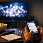 Person holding a phone while a halftime show plays on a blurry TV in the background.